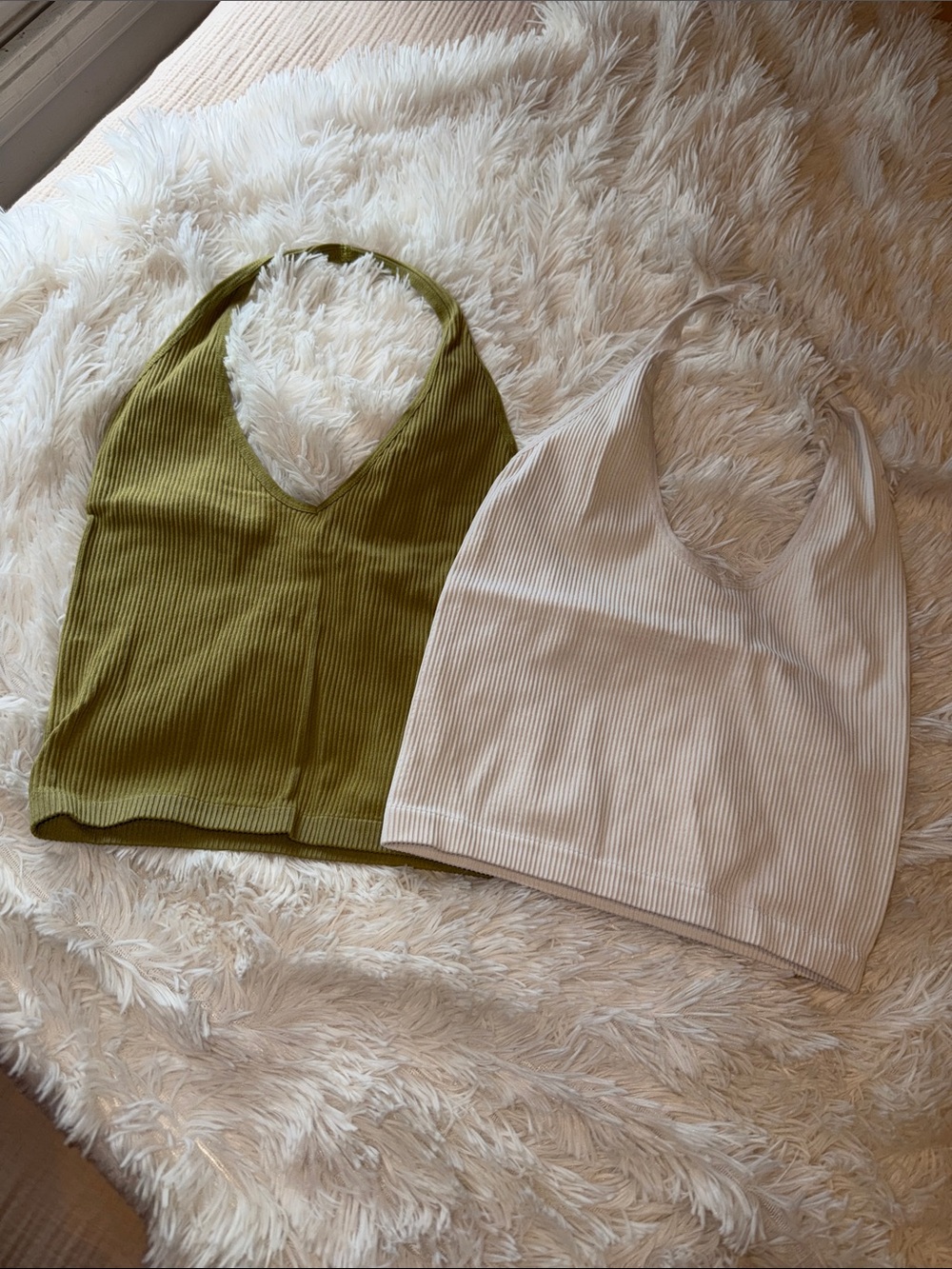 URBAN OUTFITTERS Ribbed Halter Crop Top - Olive Green and White